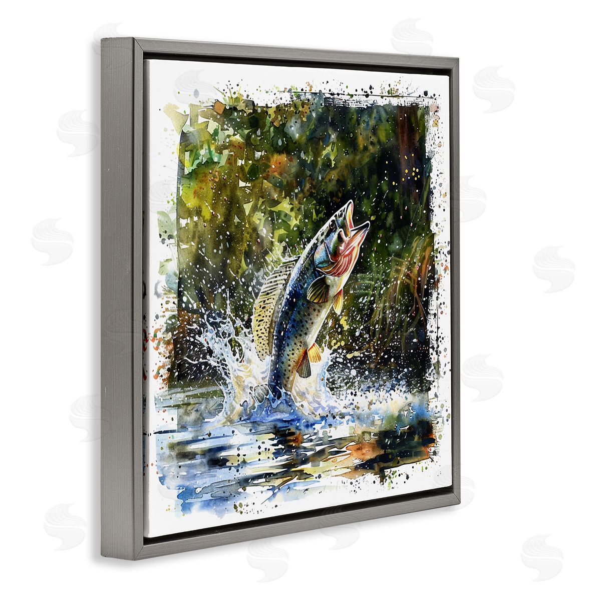 Splashing Lake Bass Grey Floating Frame Canvas Wall Art, Home Decor by LSR Design Studio