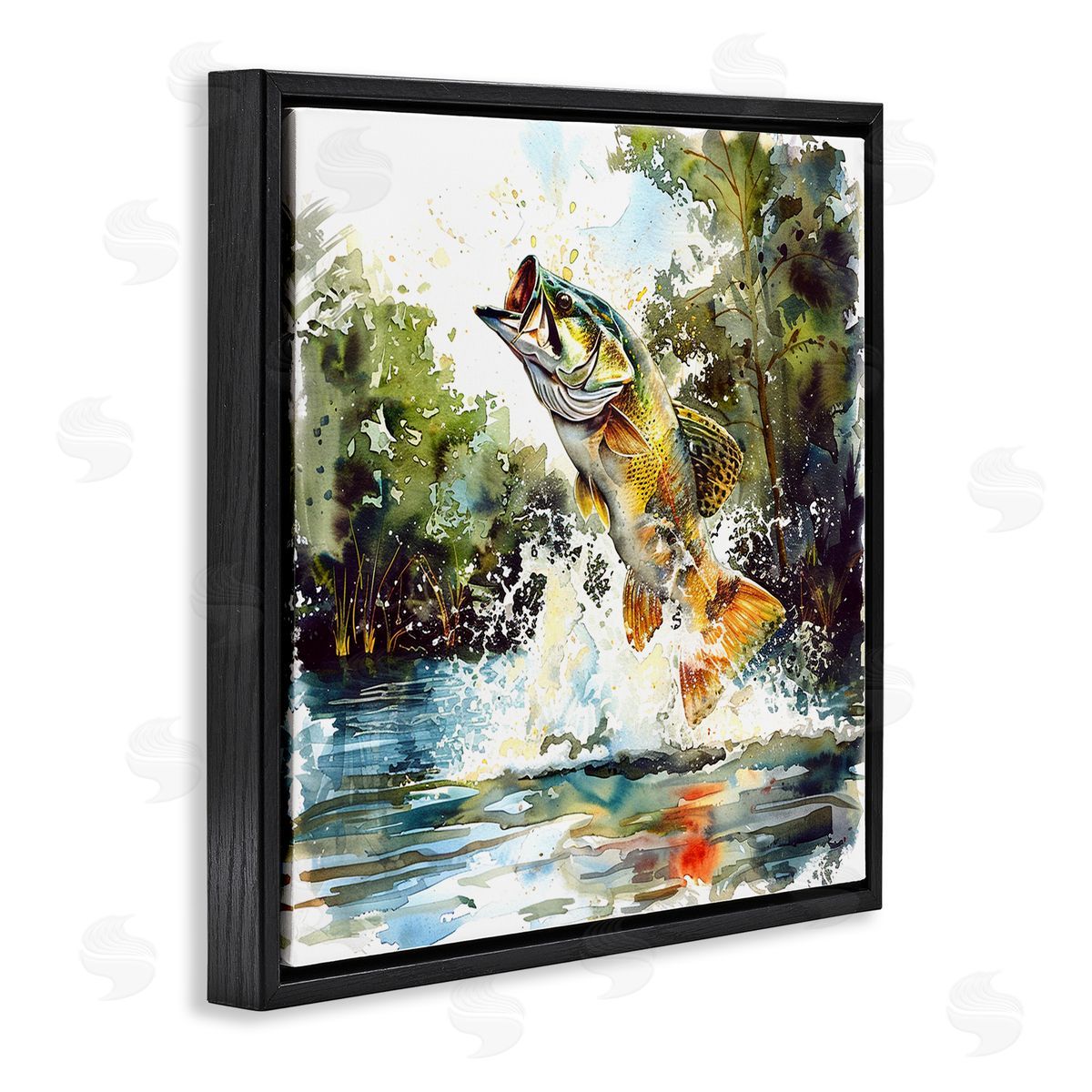 Fish Jumping Splash Black Floating Frame Canvas Wall Art, Home Decor by LSR Design Studio