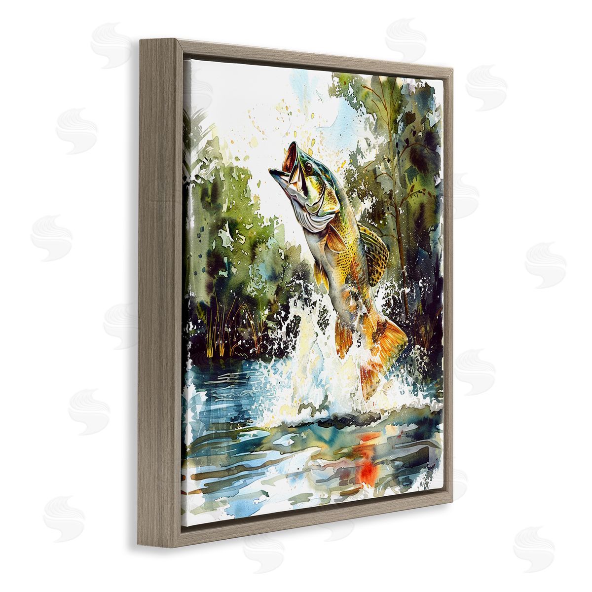 Fish Jumping Splash Brown Floating Frame Canvas Wall Art, Home Decor by LSR Design Studio