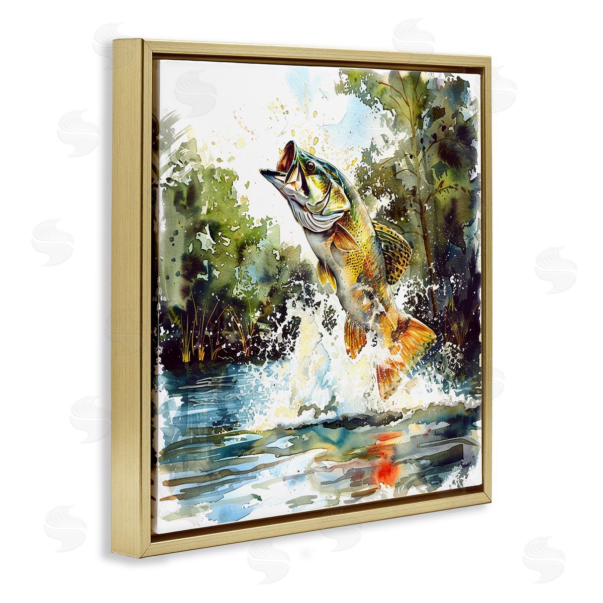 Fish Jumping Splash Gold Floating Frame Canvas Wall Art, Home Decor by LSR Design Studio