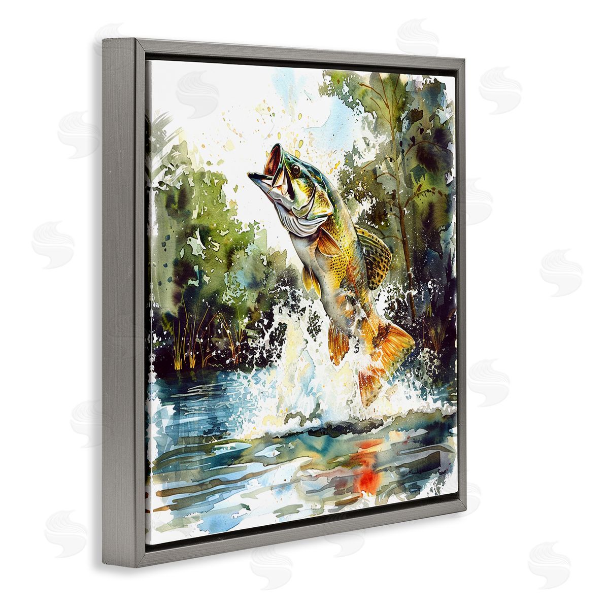 Fish Jumping Splash Grey Floating Frame Canvas Wall Art, Home Decor by LSR Design Studio