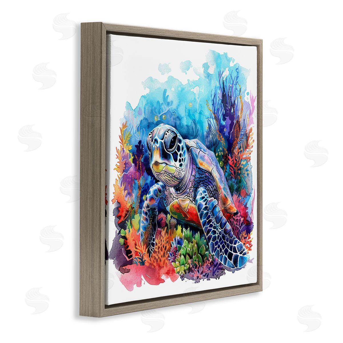 Undersea Turtle & Coral Brown Floating Frame Canvas Wall Art, Home Decor by LSR Design Studio
