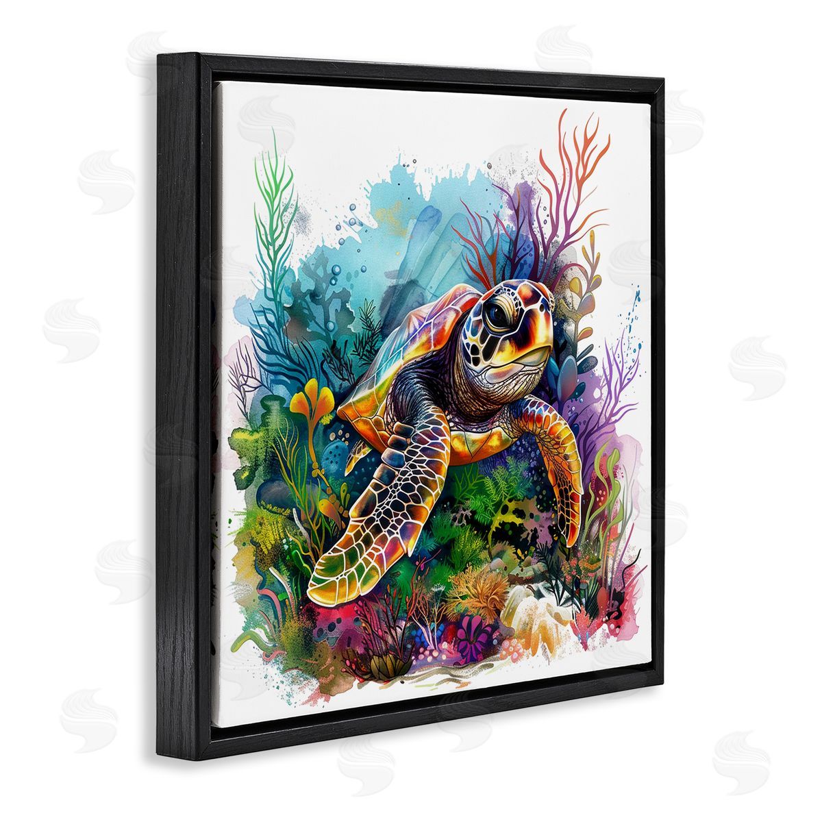 Coral & Sea Life Turtle Black Floating Frame Canvas Wall Art, Home Decor by LSR Design Studio