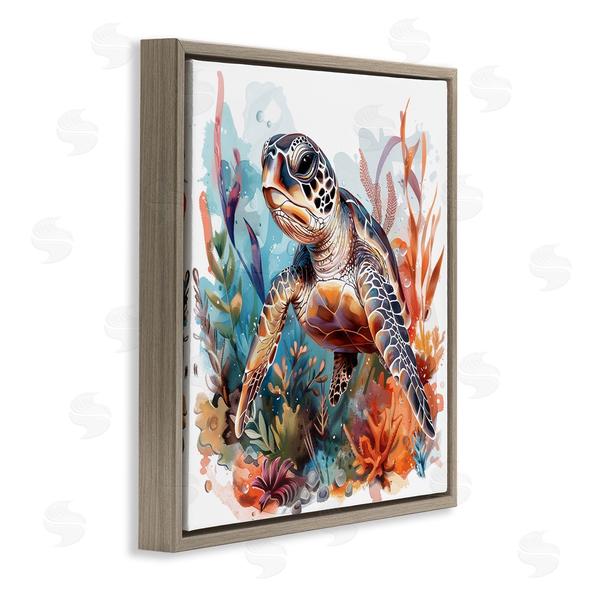 Drifting Sea Turtle Brown Floating Frame Canvas Wall Art, Home Decor by LSR Design Studio