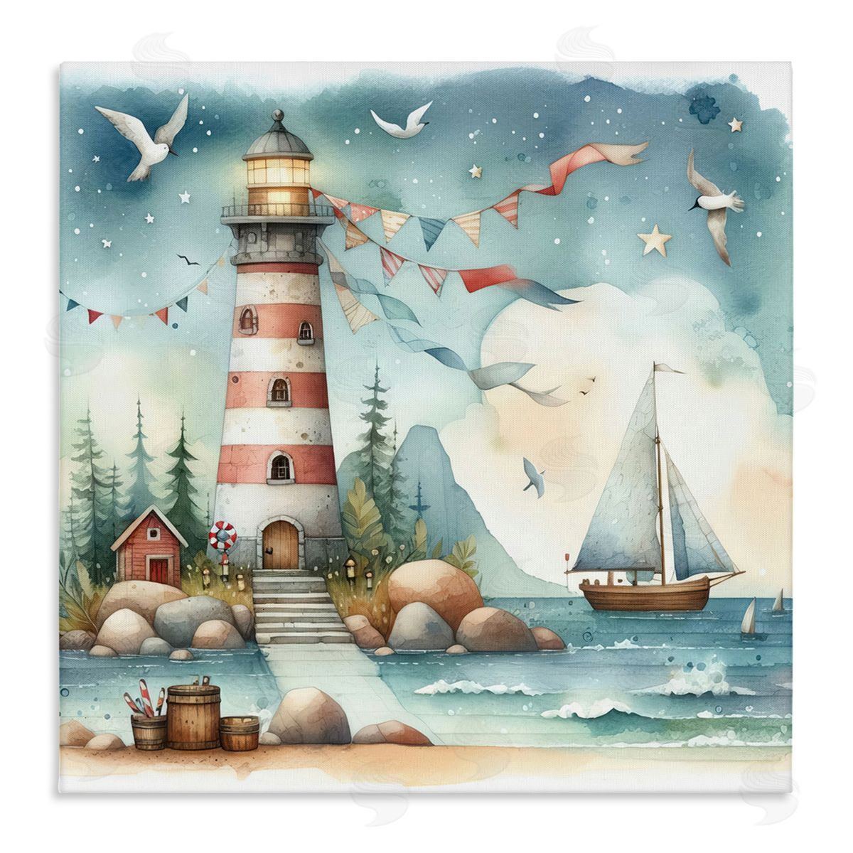 Whimsical Lighthouse & Birds Canvas Wall Art, Home Decor by LSR Design Studio
