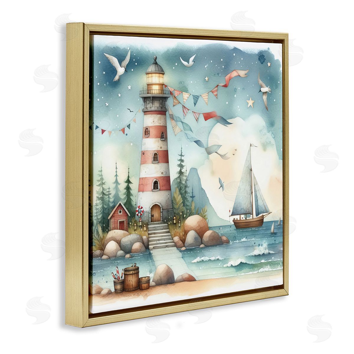 Whimsical Lighthouse & Birds Gold Floating Frame Canvas Wall Art, Home Decor by LSR Design Studio