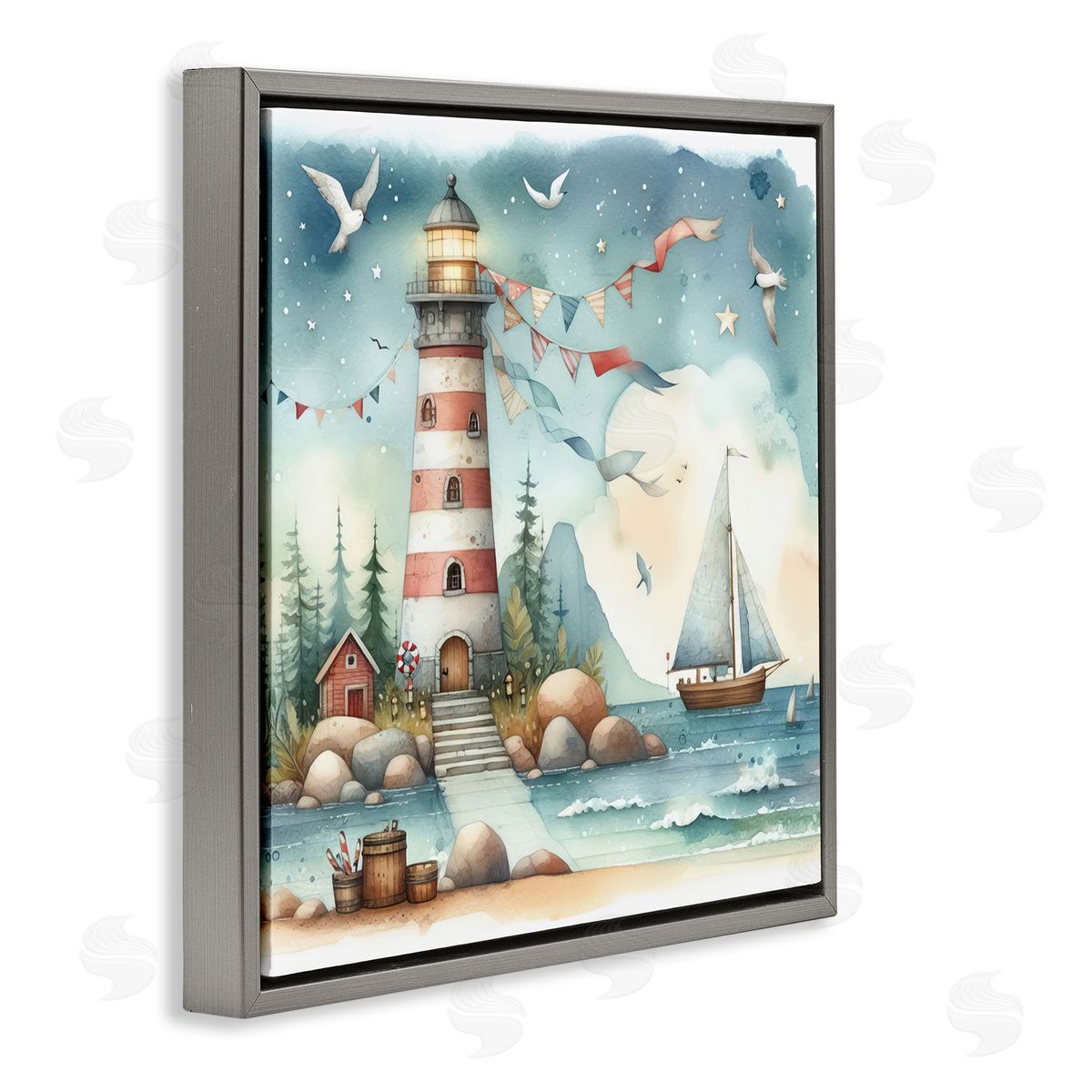 Whimsical Lighthouse & Birds Grey Floating Frame Canvas Wall Art, Home Decor by LSR Design Studio