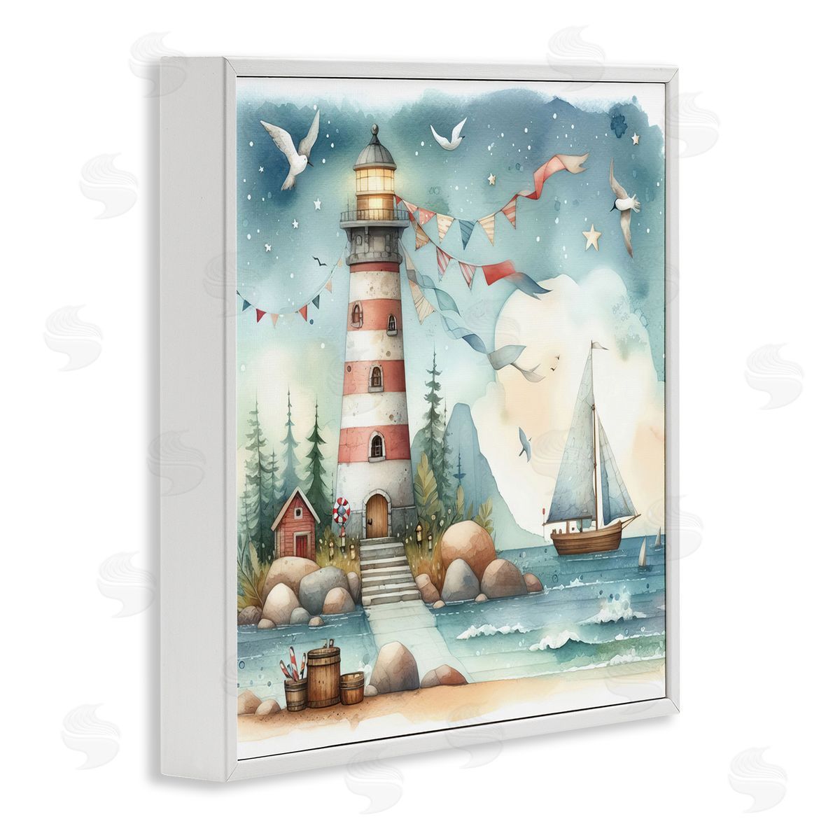Whimsical Lighthouse & Birds White Frame Print Wall Art, Home Decor by LSR Design Studio