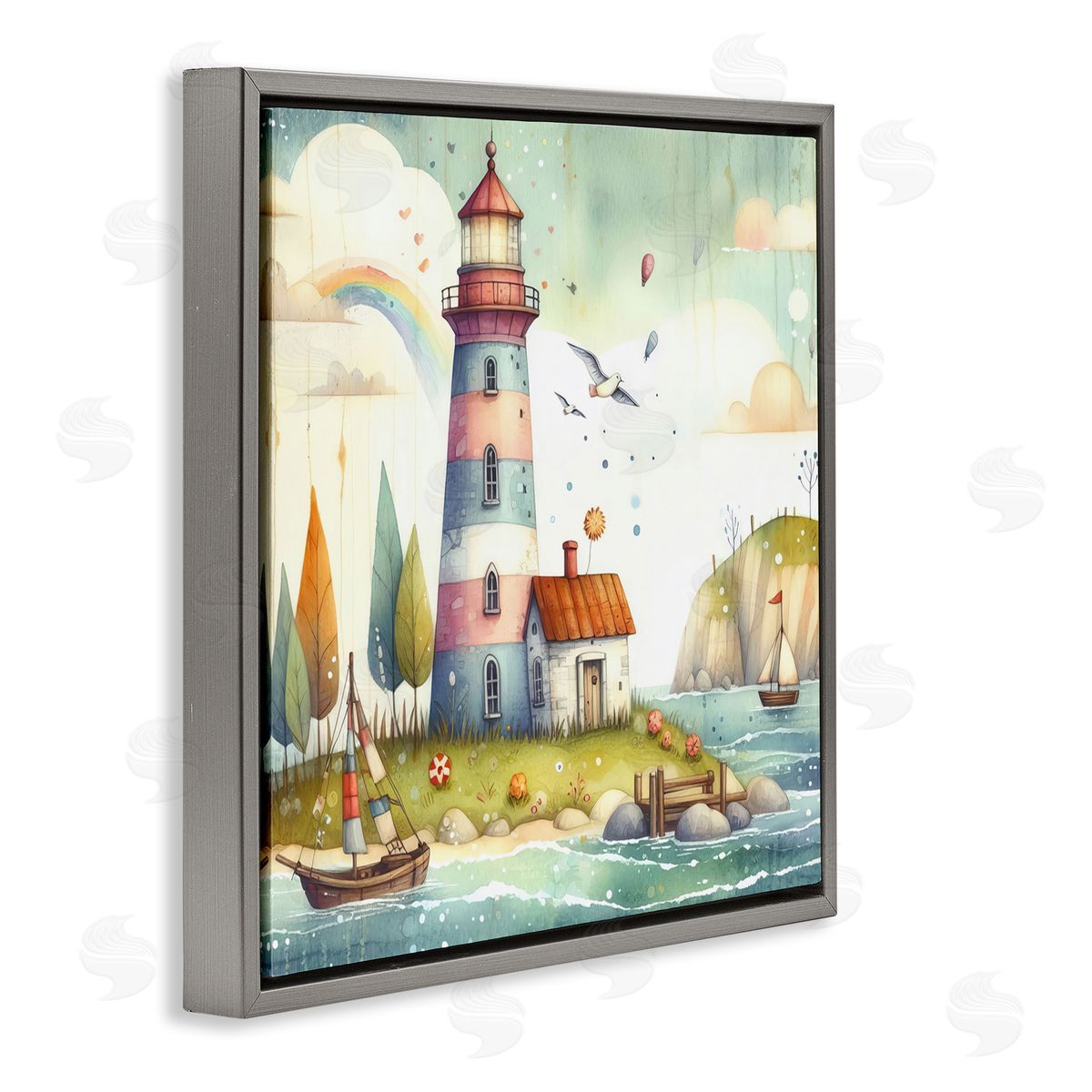 Lighthouse Cottage Scenery Grey Floating Frame Canvas Wall Art, Home Decor by LSR Design Studio