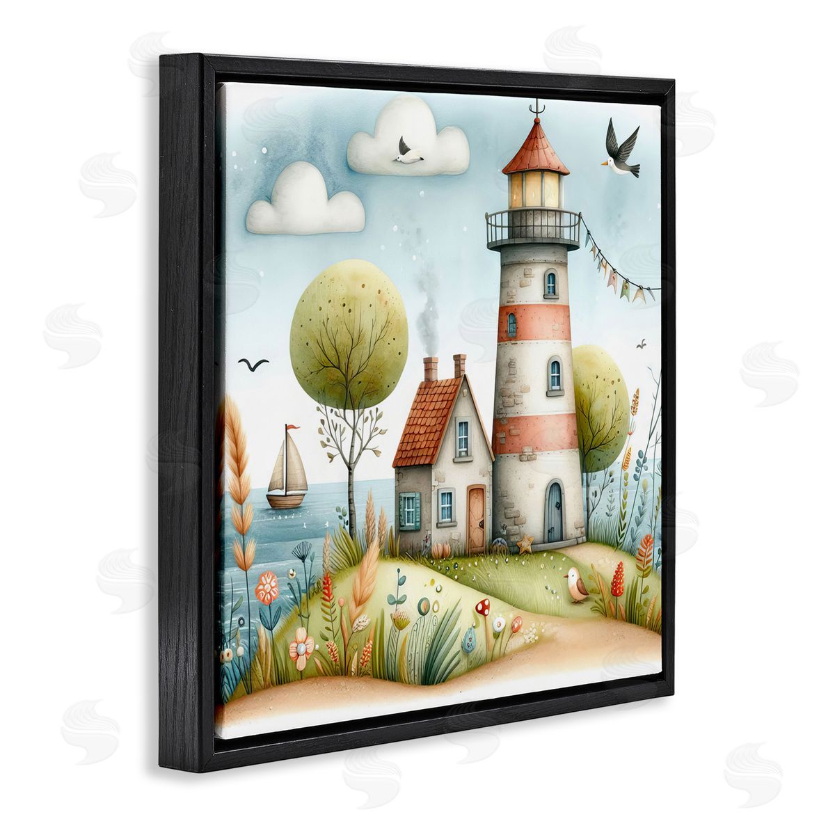 Nautical Lighthouse Whimsy Black Floating Frame Canvas Wall Art, Home Decor by LSR Design Studio