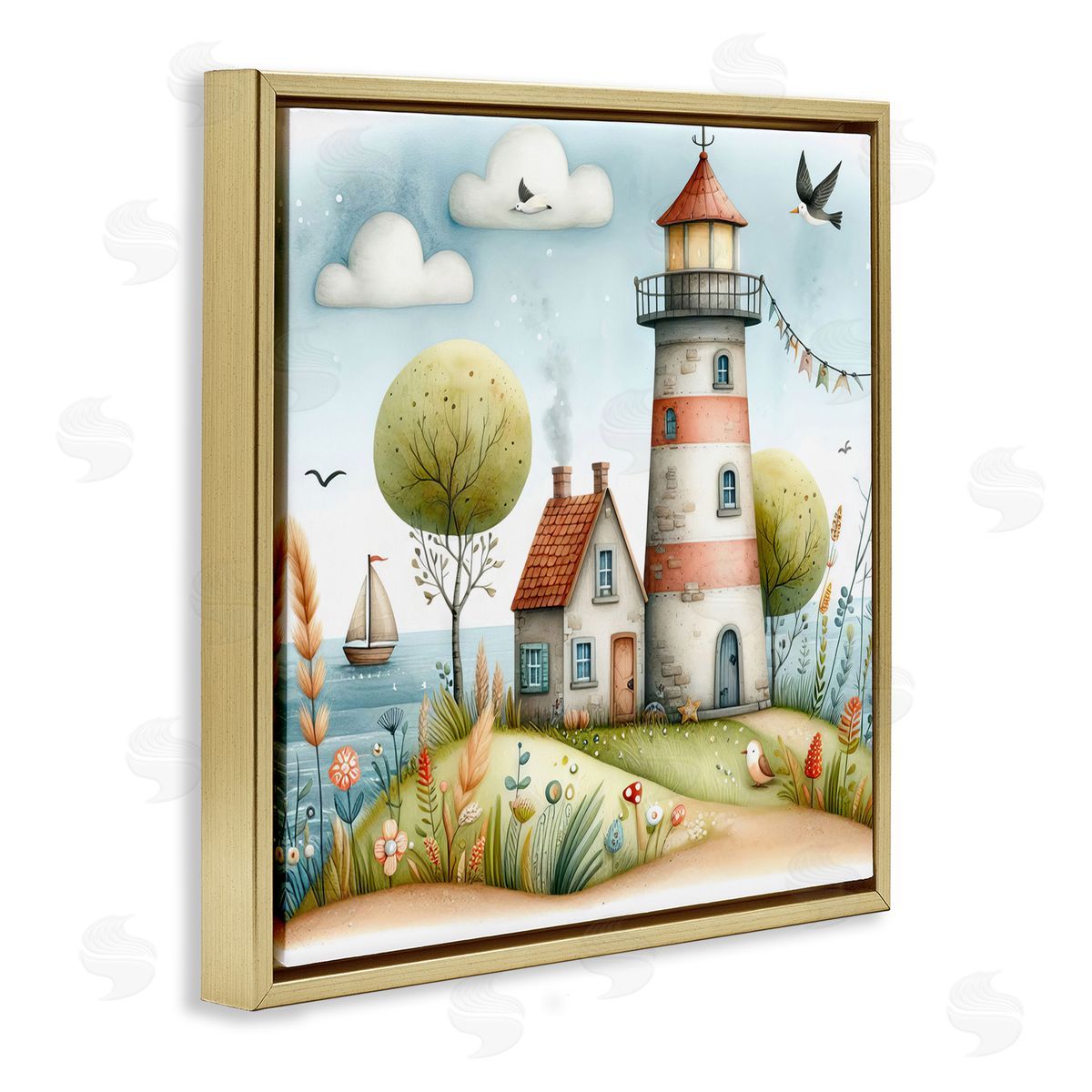 Nautical Lighthouse Whimsy Gold Floating Frame Canvas Wall Art, Home Decor by LSR Design Studio