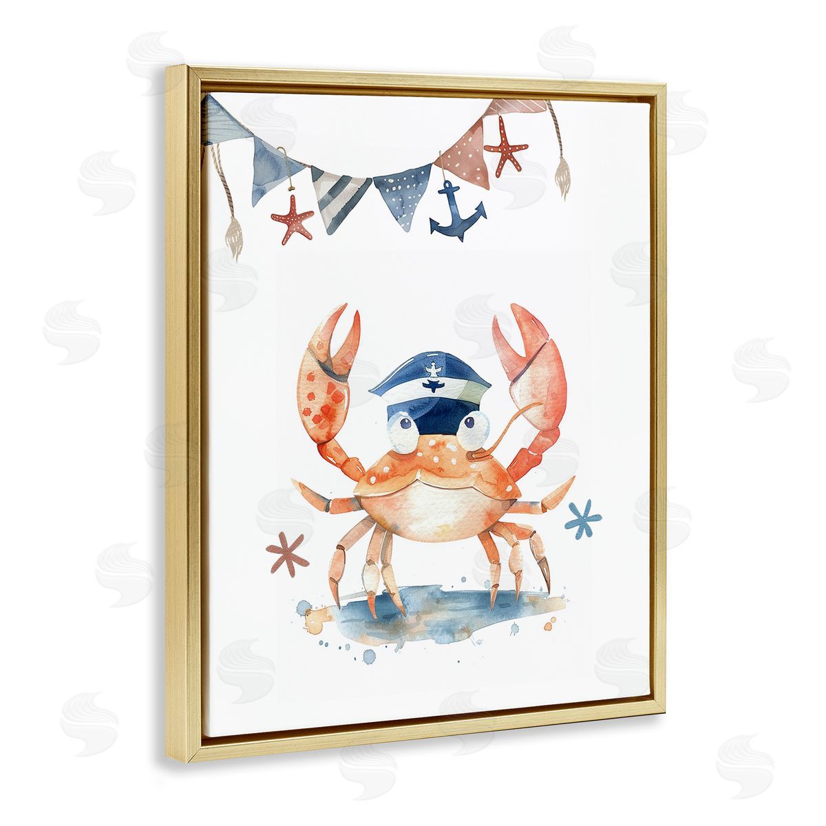 Crab in Sailor Hat Gold Floating Frame Canvas Wall Art, Home Decor by LSR Design Studio