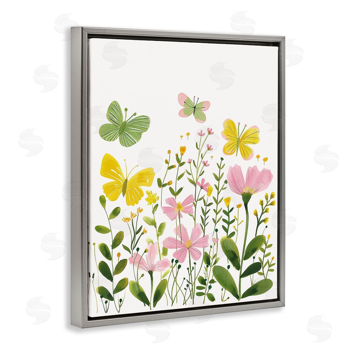 Whimsical Garden Butterflies Grey Floating Frame Canvas Wall Art, Home Decor by LSR Design Studio