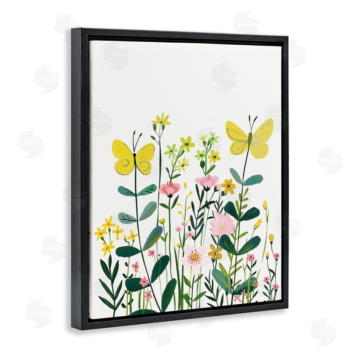 Blooming Garden Butterflies Black Floating Frame Canvas Wall Art, Home Decor by LSR Design Studio