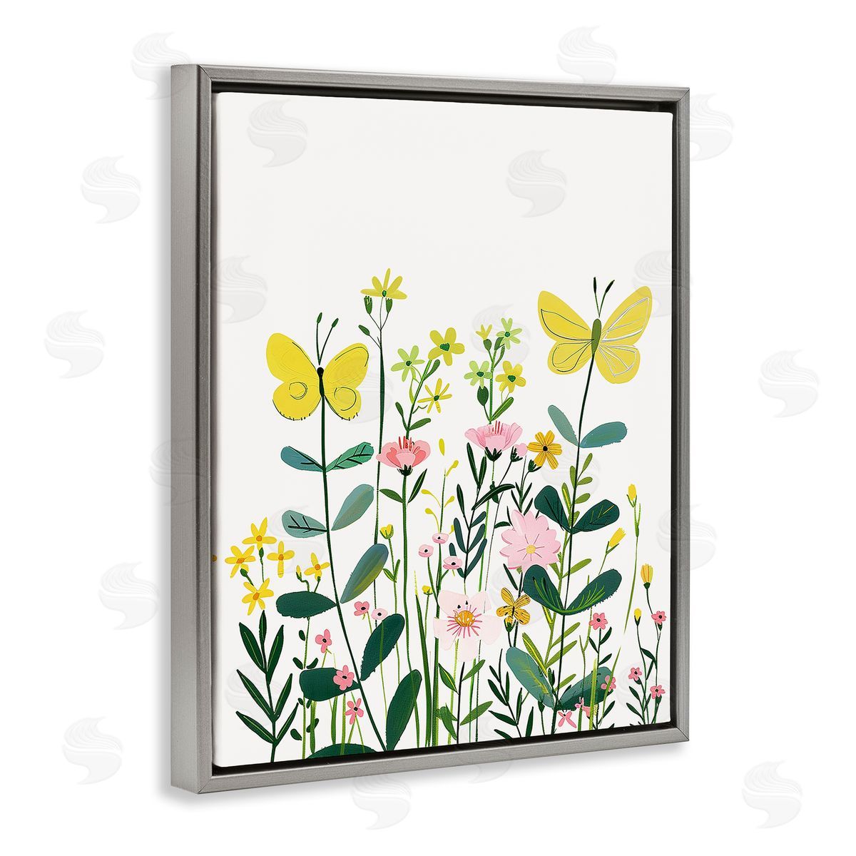 Blooming Garden Butterflies Grey Floating Frame Canvas Wall Art, Home Decor by LSR Design Studio