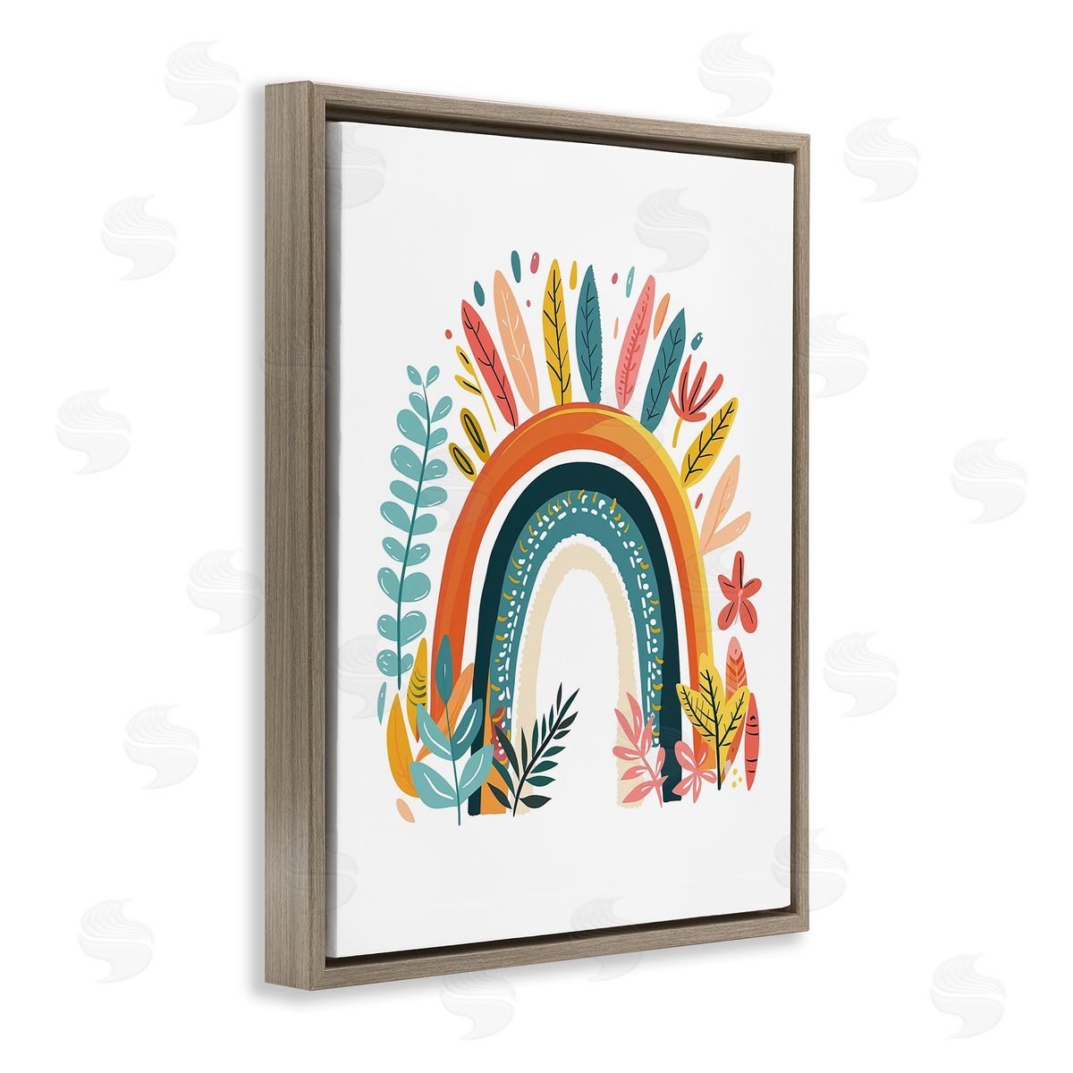 Boho Rainbow Blooms Brown Floating Frame Canvas Wall Art, Home Decor by LSR Design Studio