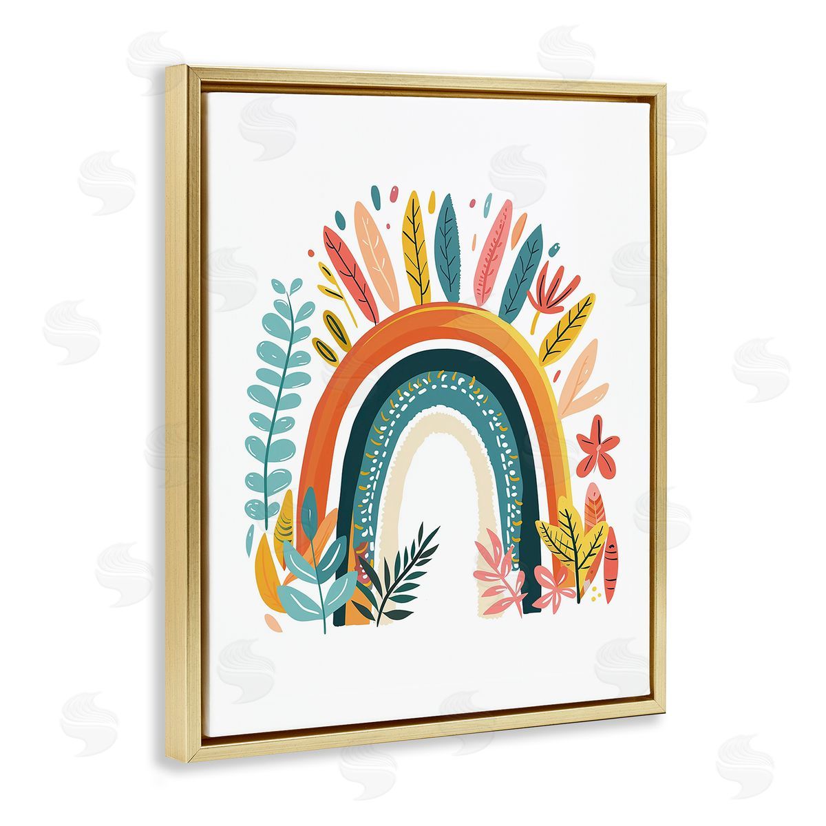 Boho Rainbow Blooms Gold Floating Frame Canvas Wall Art, Home Decor by LSR Design Studio