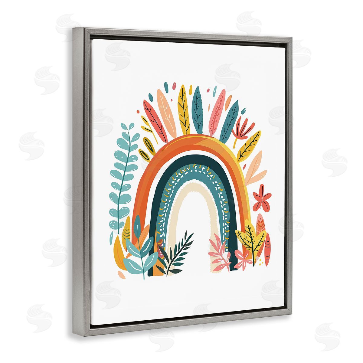 Boho Rainbow Blooms Grey Floating Frame Canvas Wall Art, Home Decor by LSR Design Studio