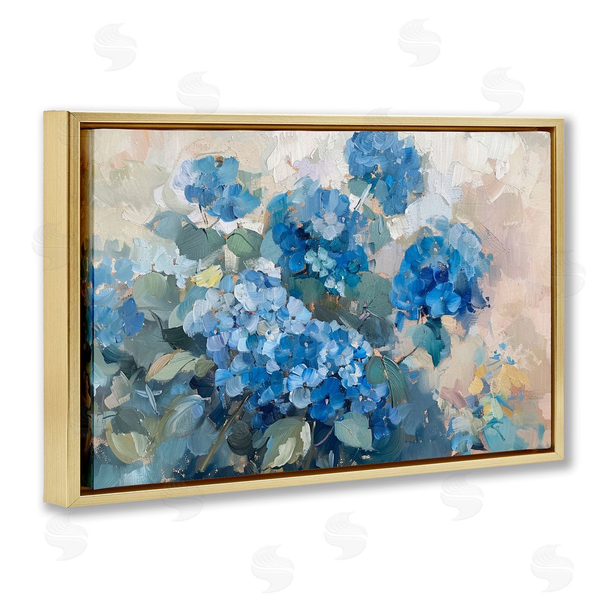 Blue Hydrangeas Impression Gold Floating Frame Canvas Wall Art, Home Decor by LSR Design Studio