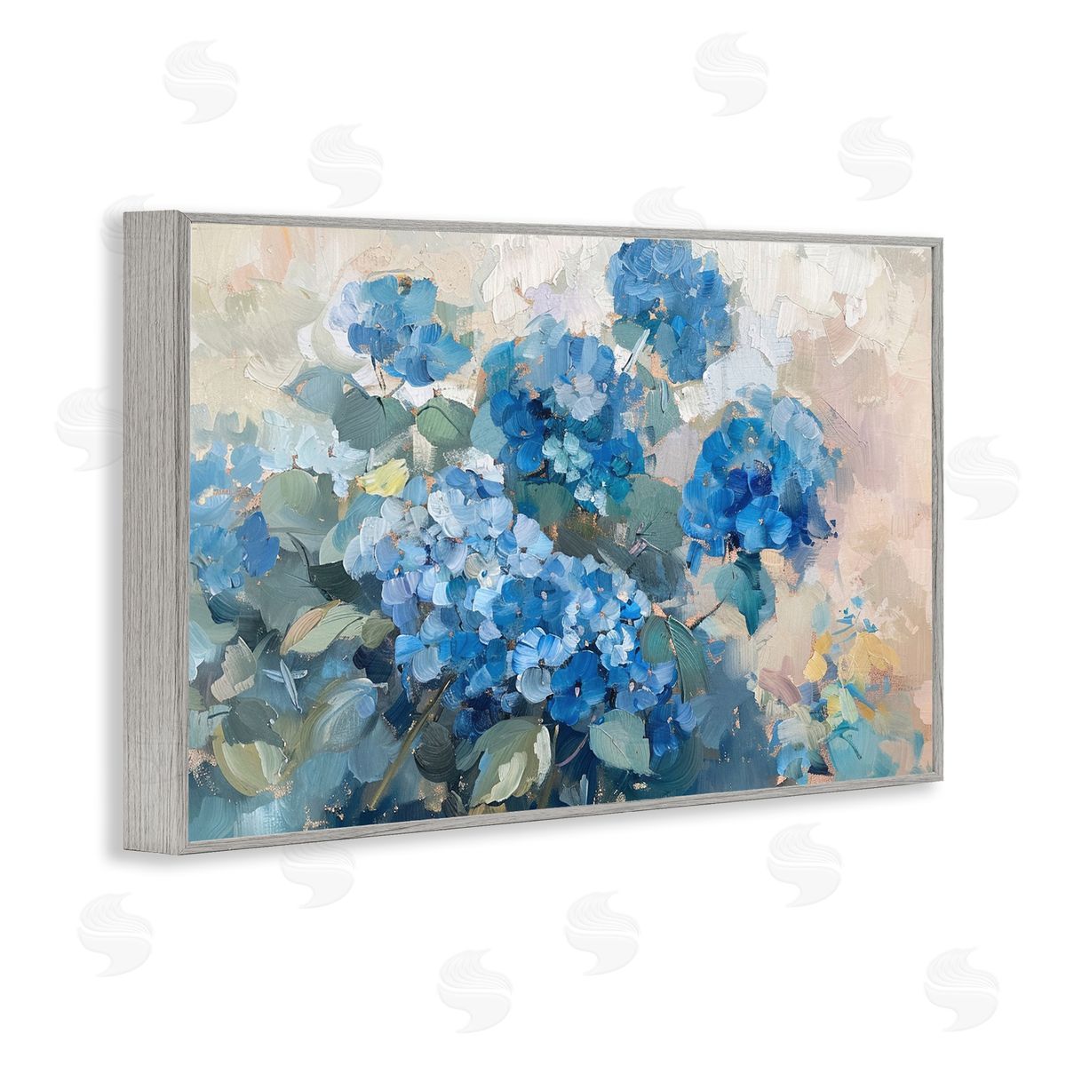 Blue Hydrangeas Impression Grey Frame Print Wall Art, Home Decor by LSR Design Studio