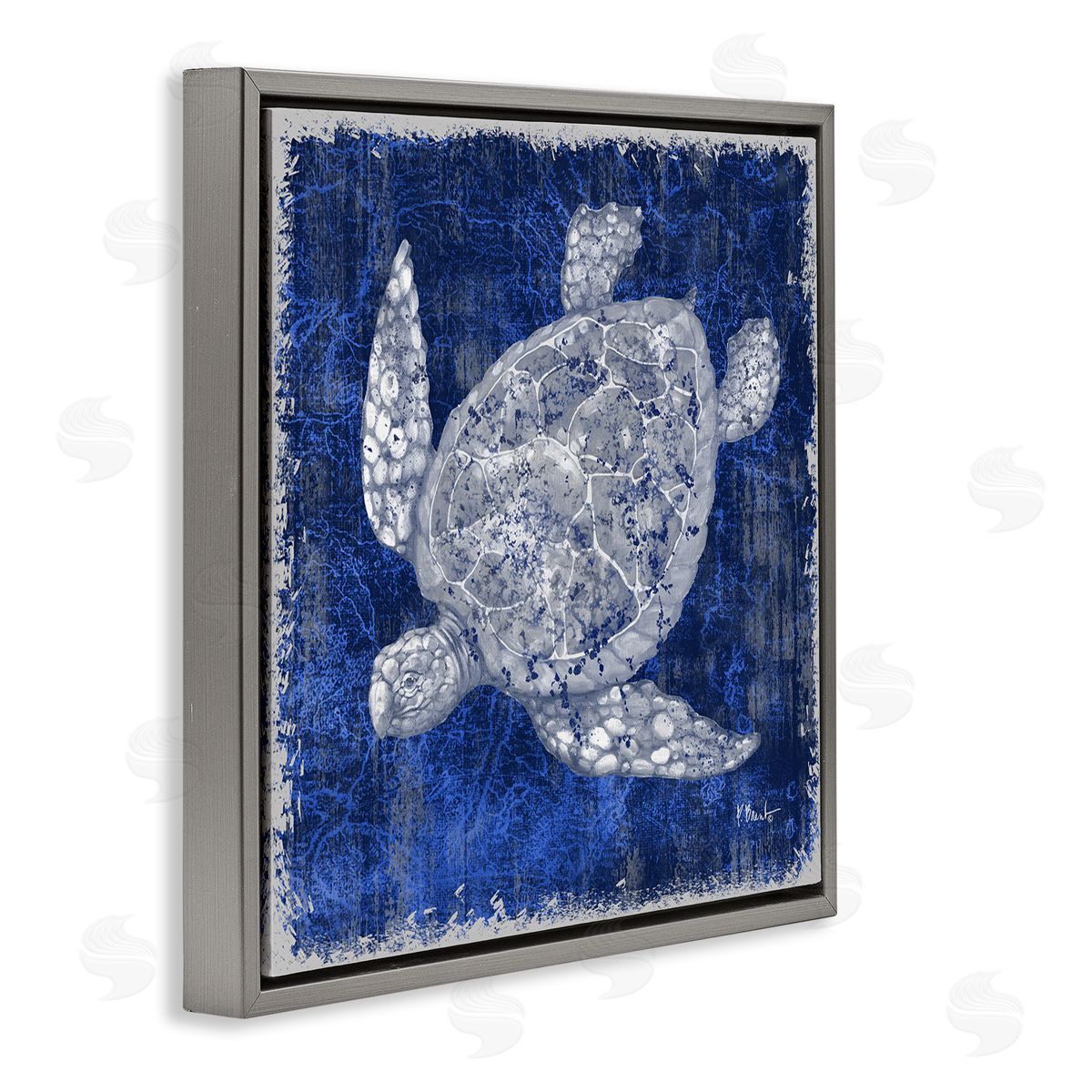 Rustic Indigo Turtle Grey Floating Frame Canvas Wall Art, Home Decor by Paul Brent