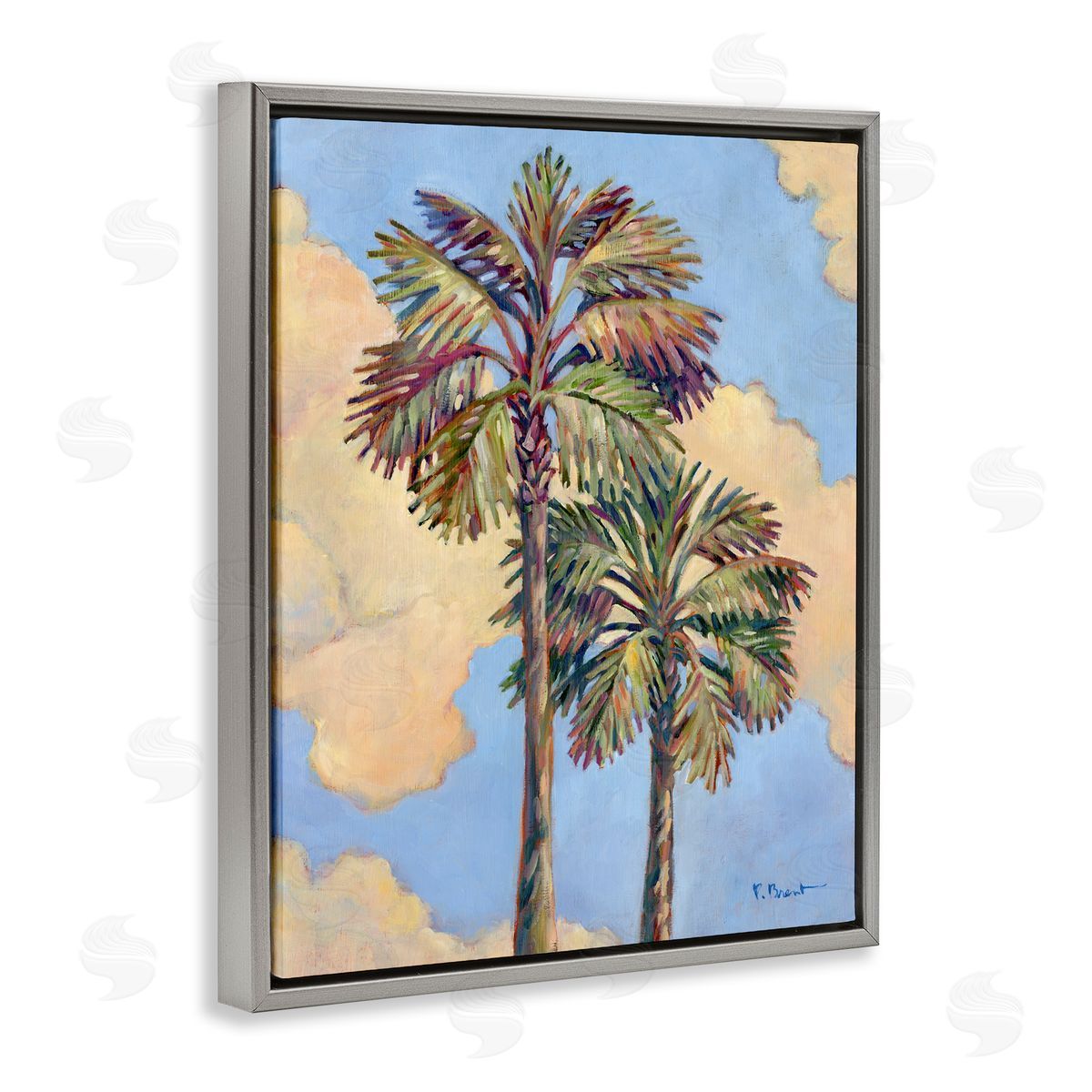 Two Palm Trees & Clouds Grey Floating Frame Canvas Wall Art, Home Decor by Paul Brent