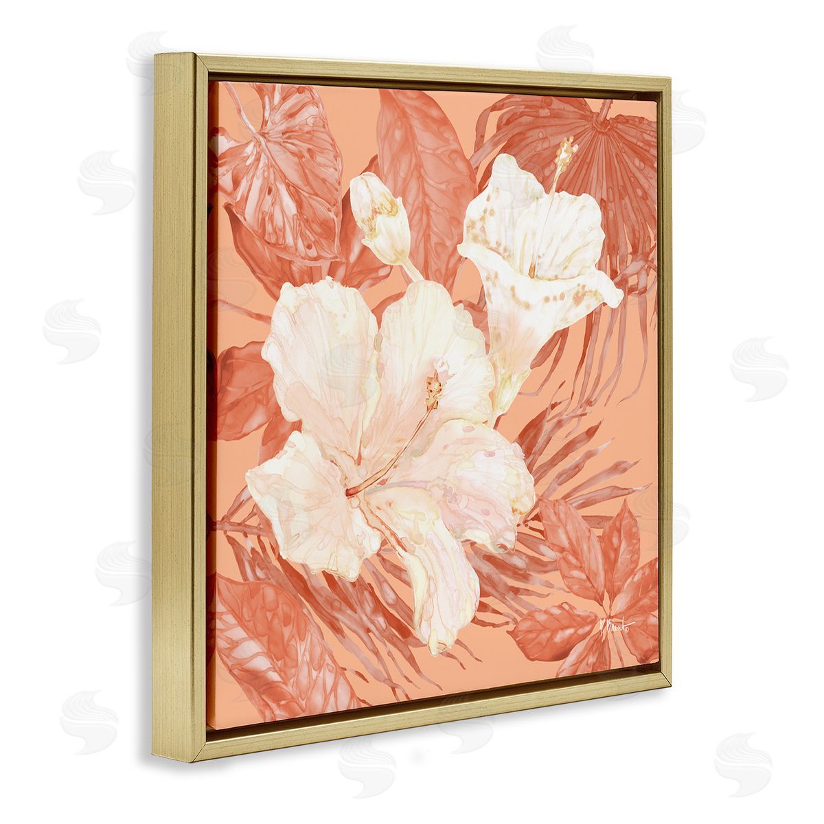 Hibiscus & Leaf Bunch Gold Floating Frame Canvas Wall Art, Home Decor by Paul Brent