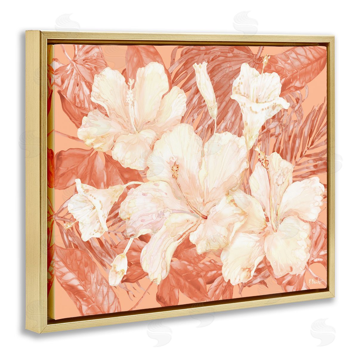 Bright Hibiscus Bundle Gold Floating Frame Canvas Wall Art, Home Decor by Paul Brent