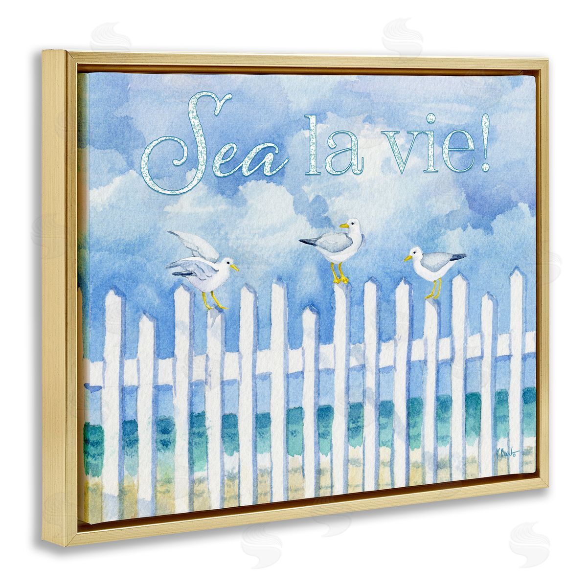 Seagulls on Beach Fence Gold Floating Frame Canvas Wall Art, Home Decor by Paul Brent