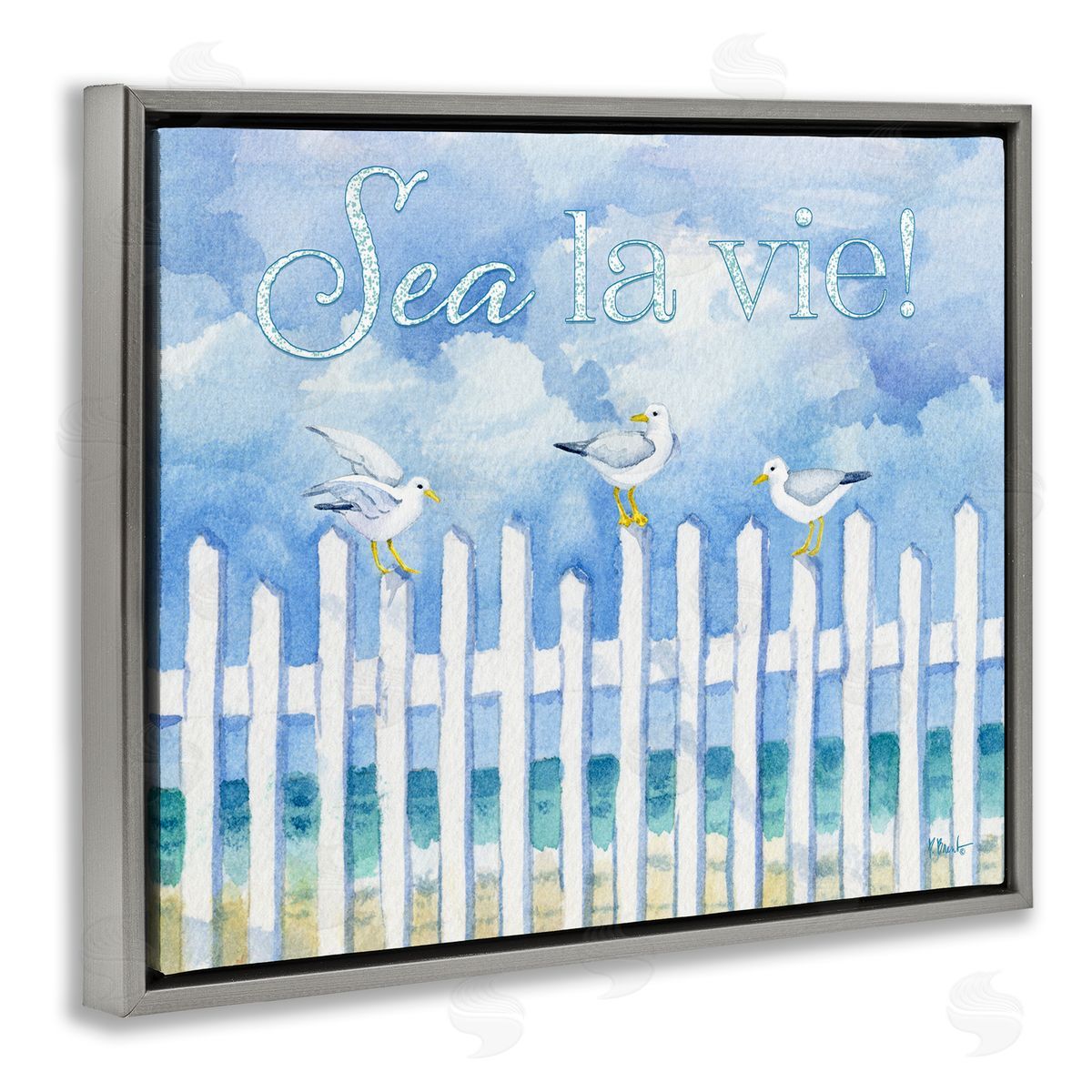 Seagulls on Beach Fence Grey Floating Frame Canvas Wall Art, Home Decor by Paul Brent
