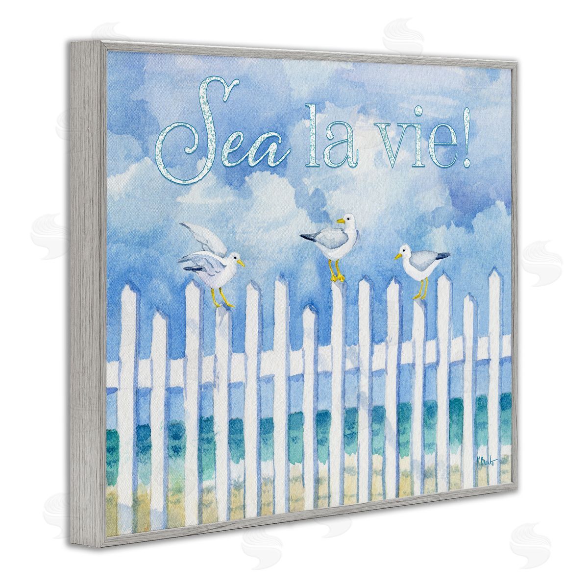 Seagulls on Beach Fence Grey Frame Print Wall Art, Home Decor by Paul Brent