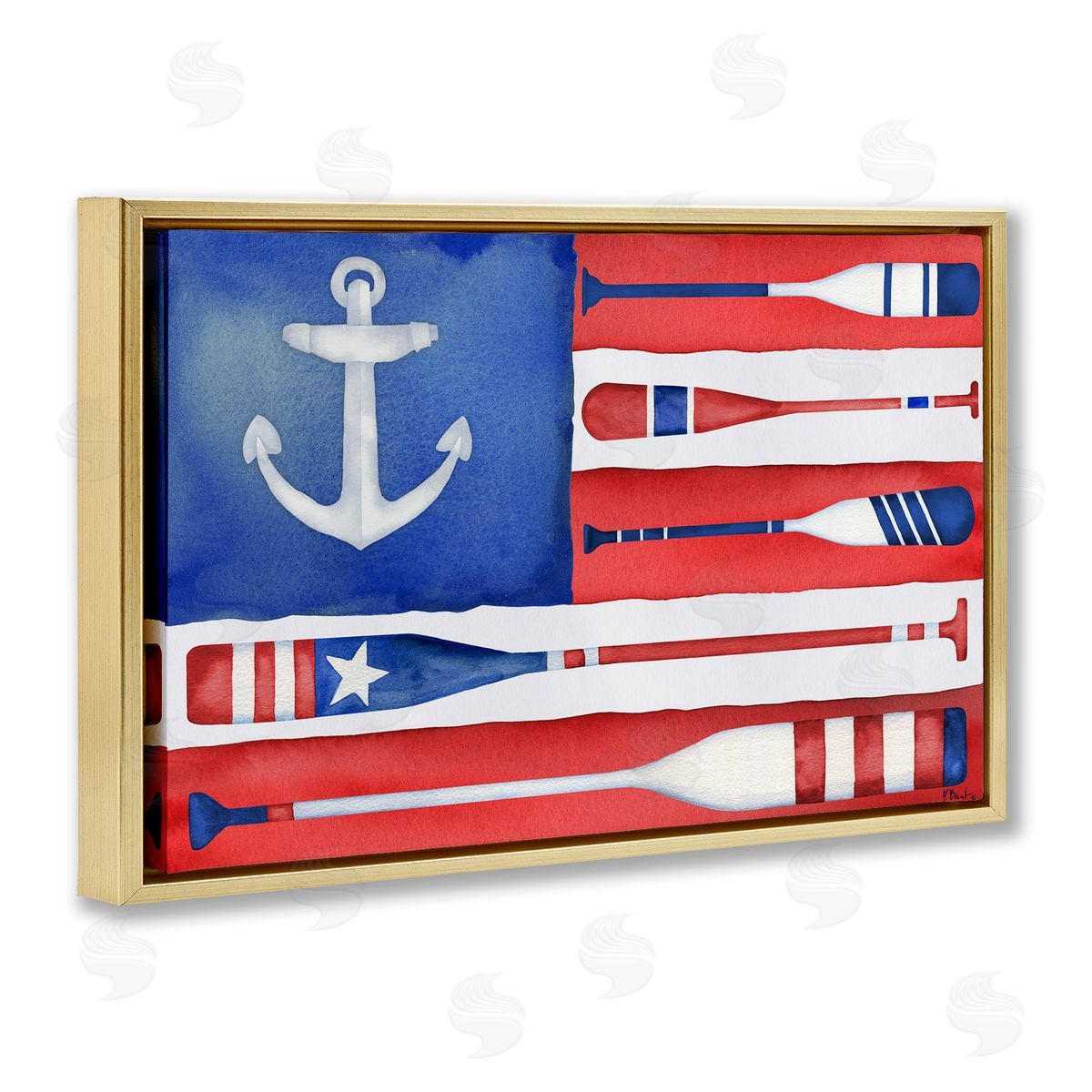 Patriotic Oar Flag Gold Floating Frame Canvas Wall Art, Home Decor by Paul Brent