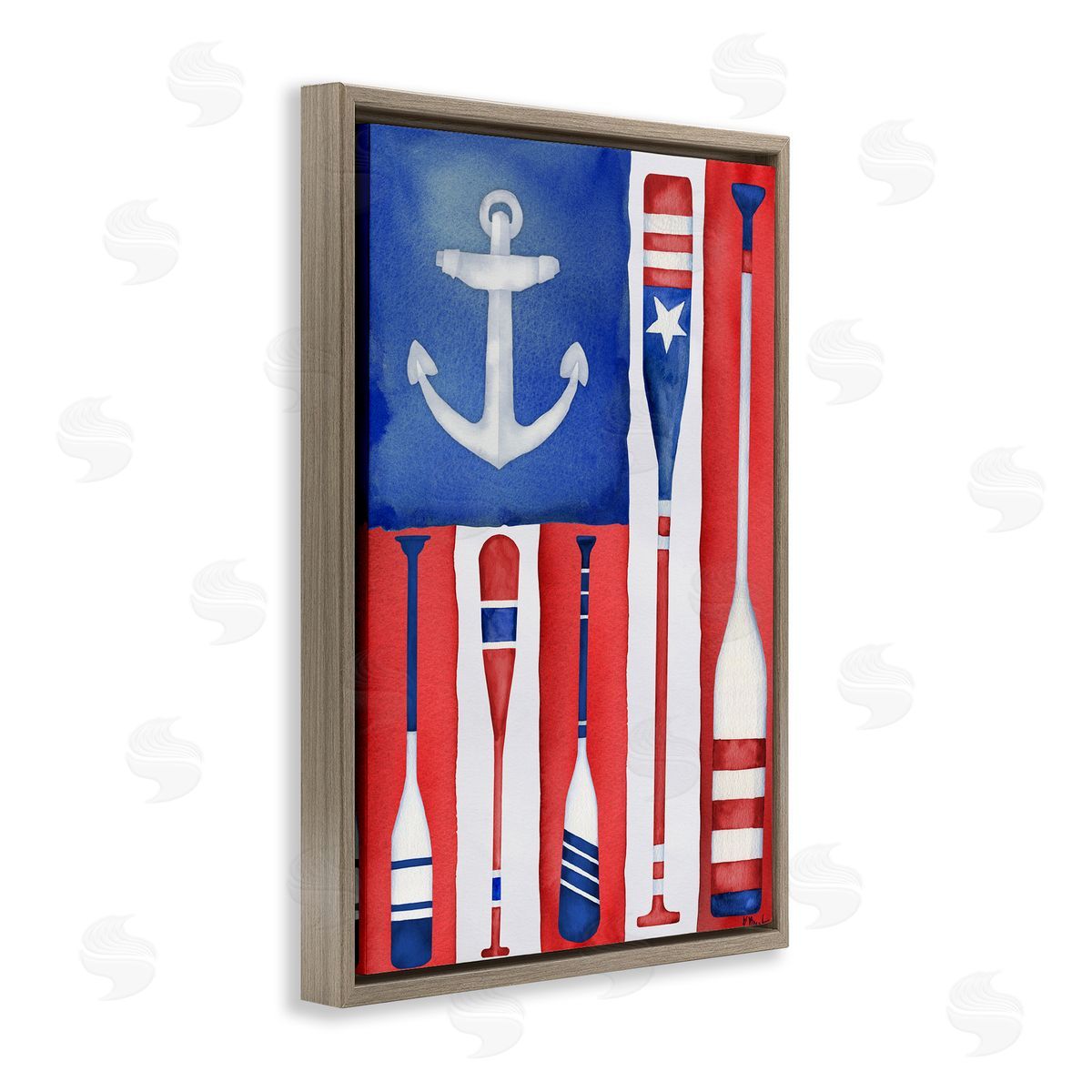 Americana Oar Flag Brown Floating Frame Canvas Wall Art, Home Decor by Paul Brent