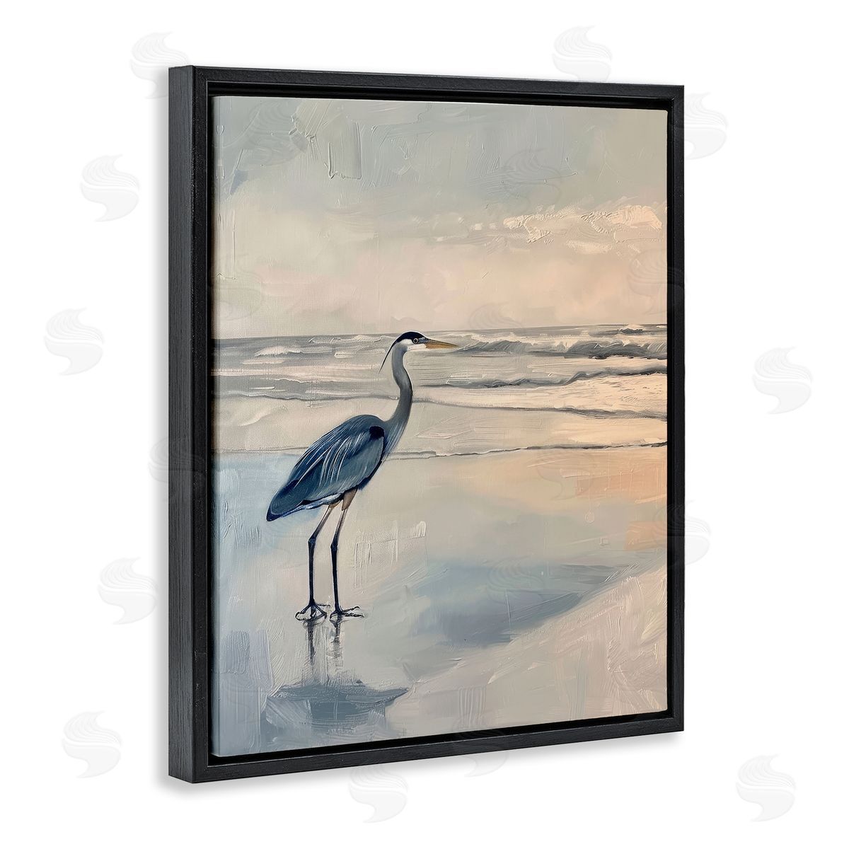 Heron on Classic Coast Black Floating Frame Canvas Wall Art, Home Decor by Petal Prints Design