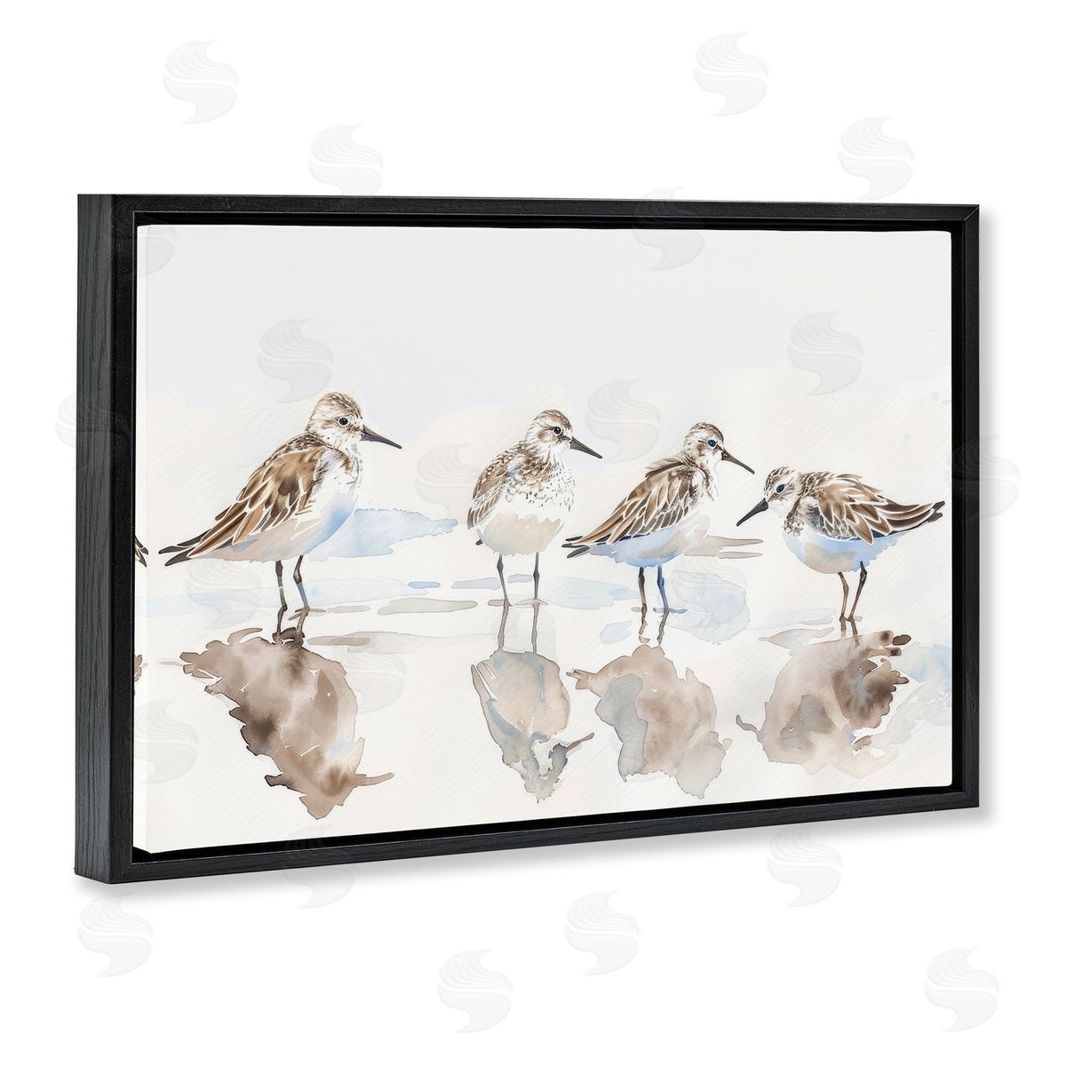 Sandpipers Shore Reflection Black Floating Frame Canvas Wall Art, Home Decor by Petal Prints Design