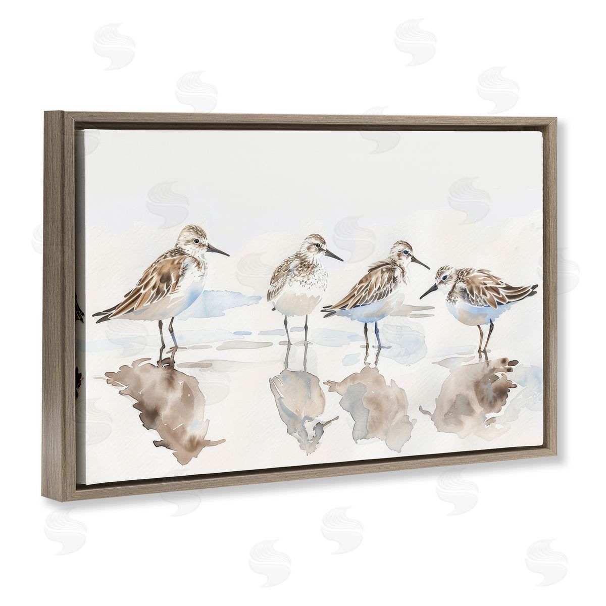 Sandpipers Shore Reflection Brown Floating Frame Canvas Wall Art, Home Decor by Petal Prints Design