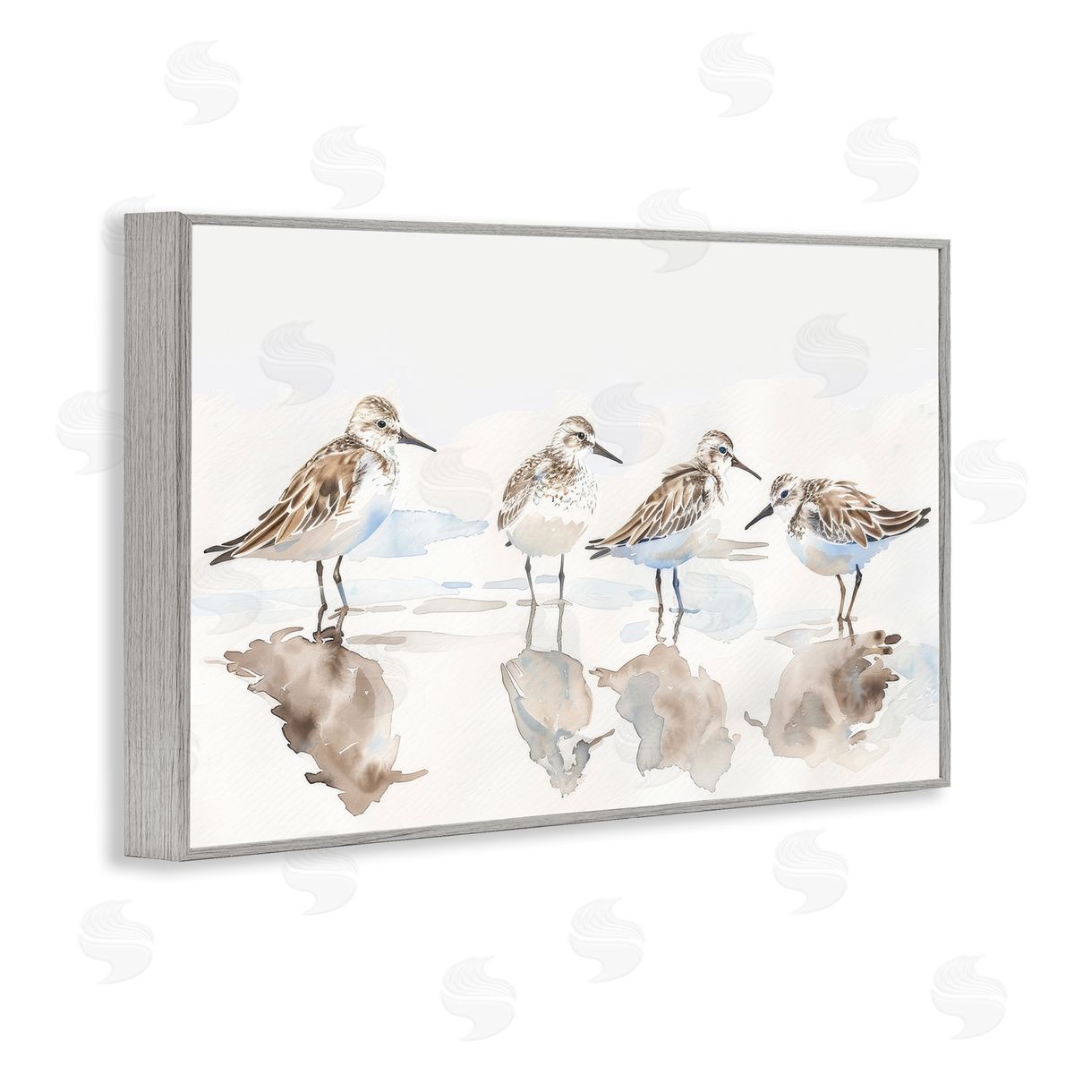 Sandpipers Shore Reflection Grey Frame Print Wall Art, Home Decor by Petal Prints Design