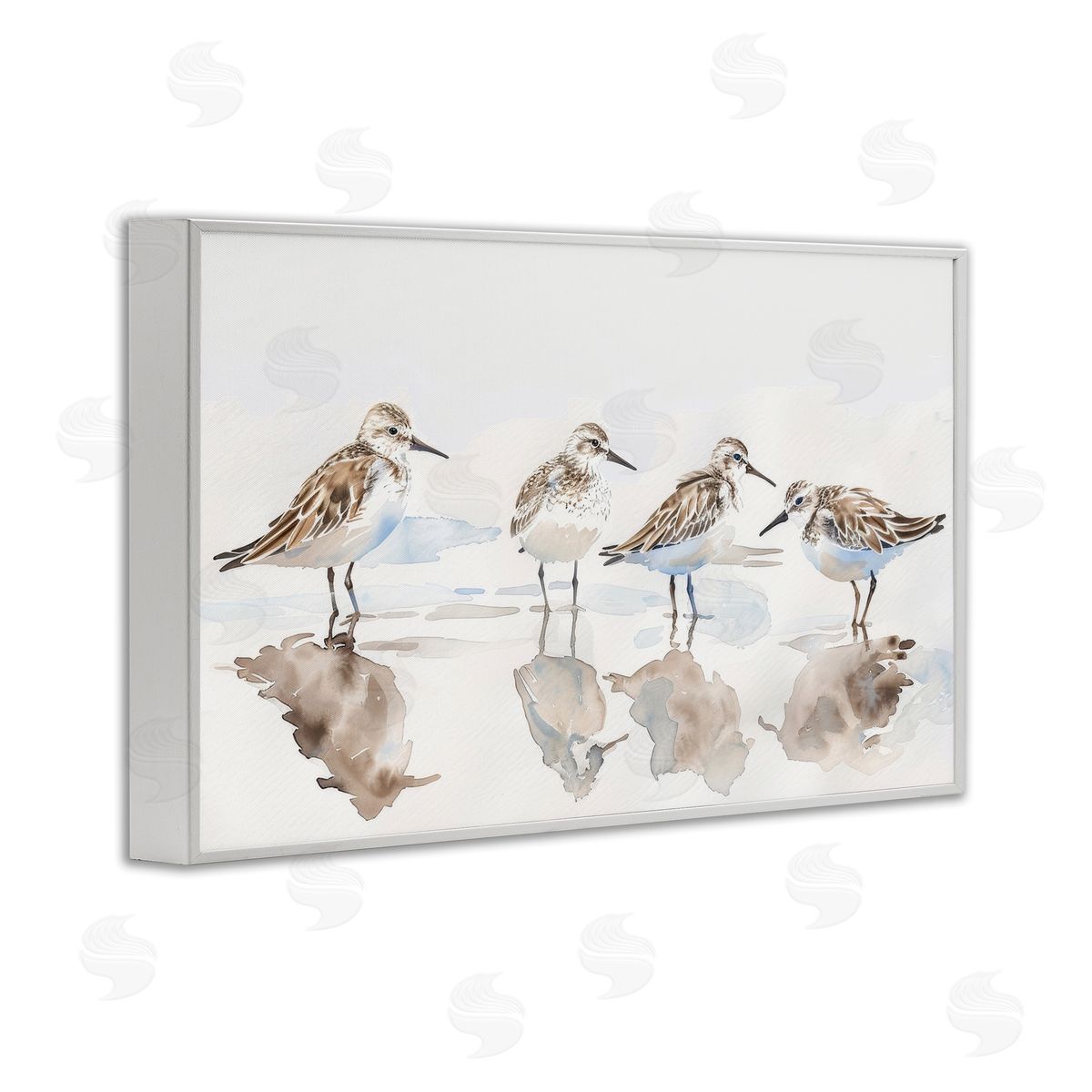 Sandpipers Shore Reflection White Frame Print Wall Art, Home Decor by Petal Prints Design