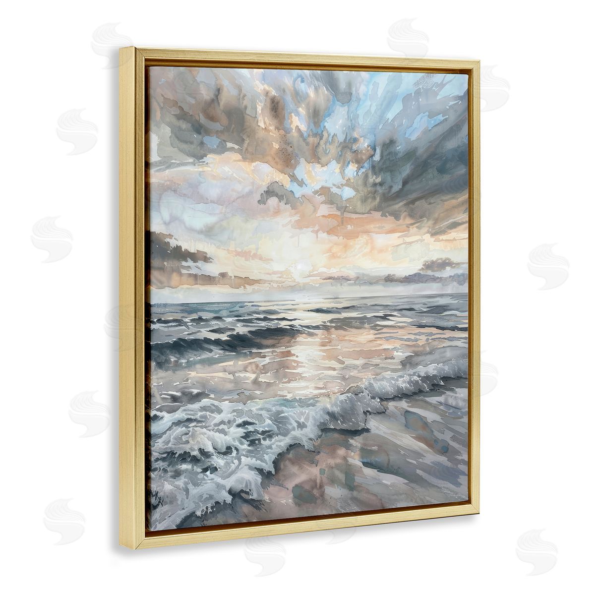 Cloud Break over Sea Gold Floating Frame Canvas Wall Art, Home Decor by Petal Prints Design