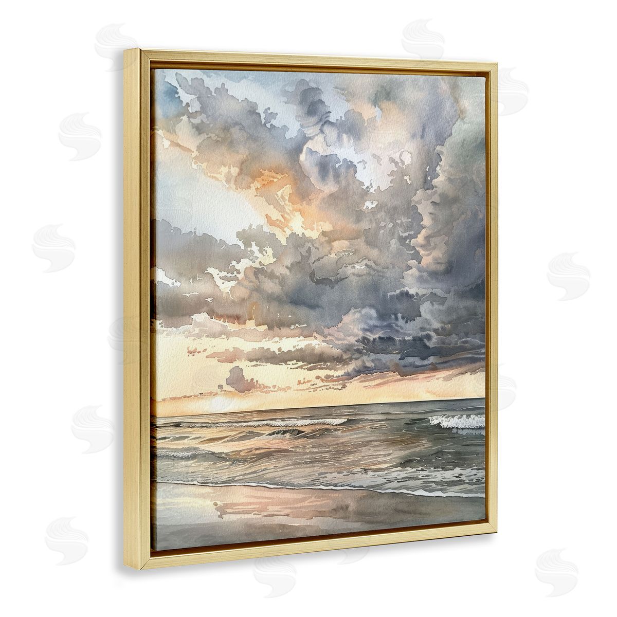 Moody Sea Cloudy View Gold Floating Frame Canvas Wall Art, Home Decor by Petal Prints Design