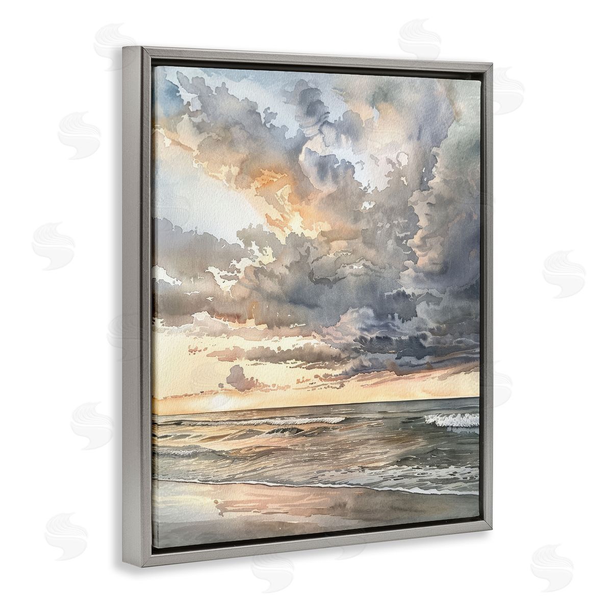 Moody Sea Cloudy View Grey Floating Frame Canvas Wall Art, Home Decor by Petal Prints Design