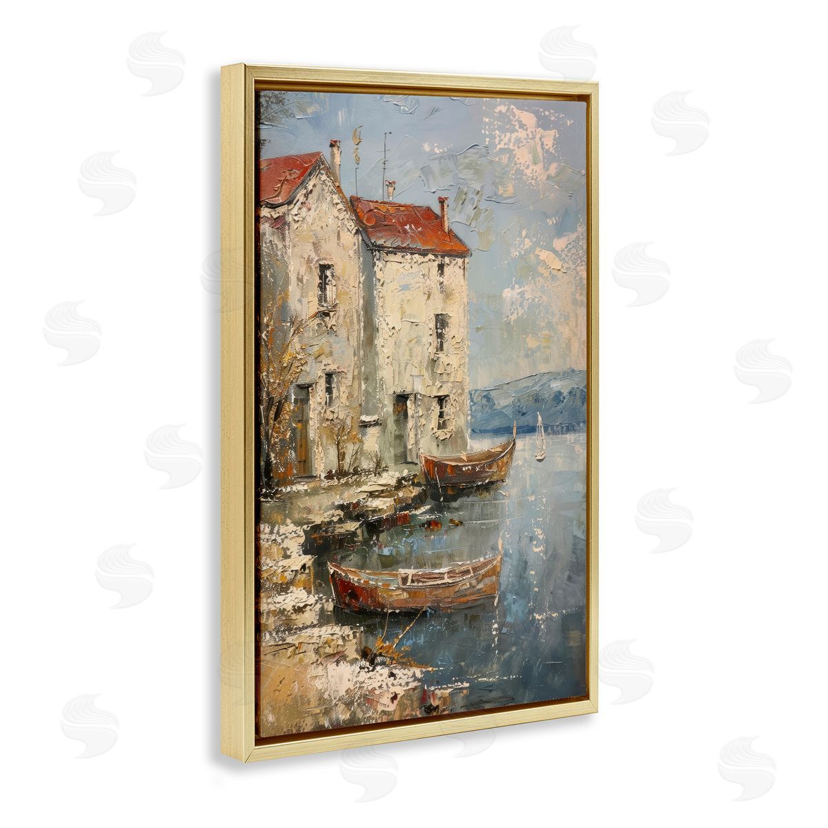 Red Townside Boats Gold Floating Frame Canvas Wall Art, Home Decor by Petal Prints Design