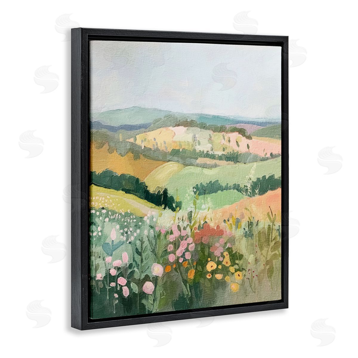 Pastel Rolling Hills Scene Black Floating Frame Canvas Wall Art, Home Decor by RileyB