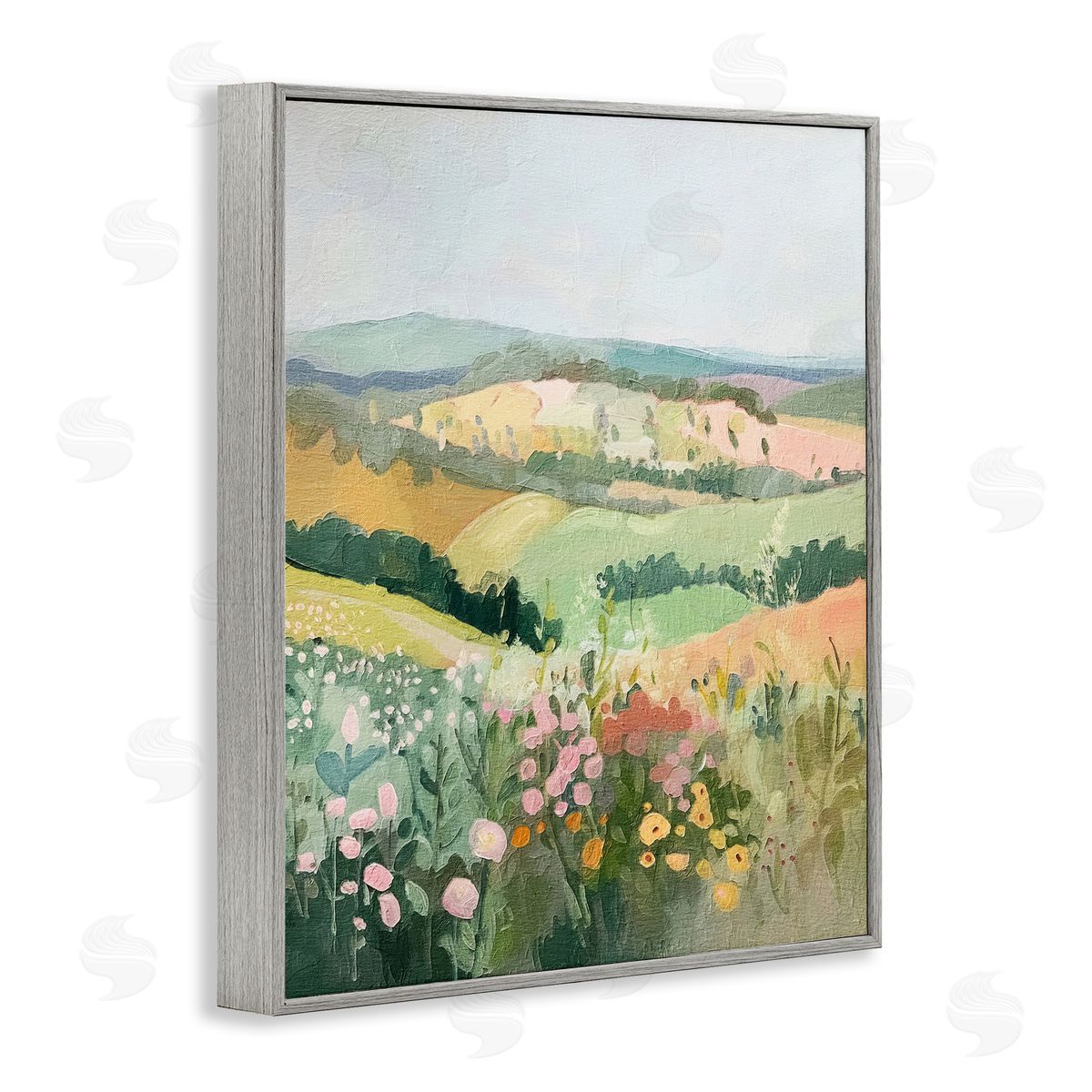 Pastel Rolling Hills Scene Grey Frame Print Wall Art, Home Decor by RileyB