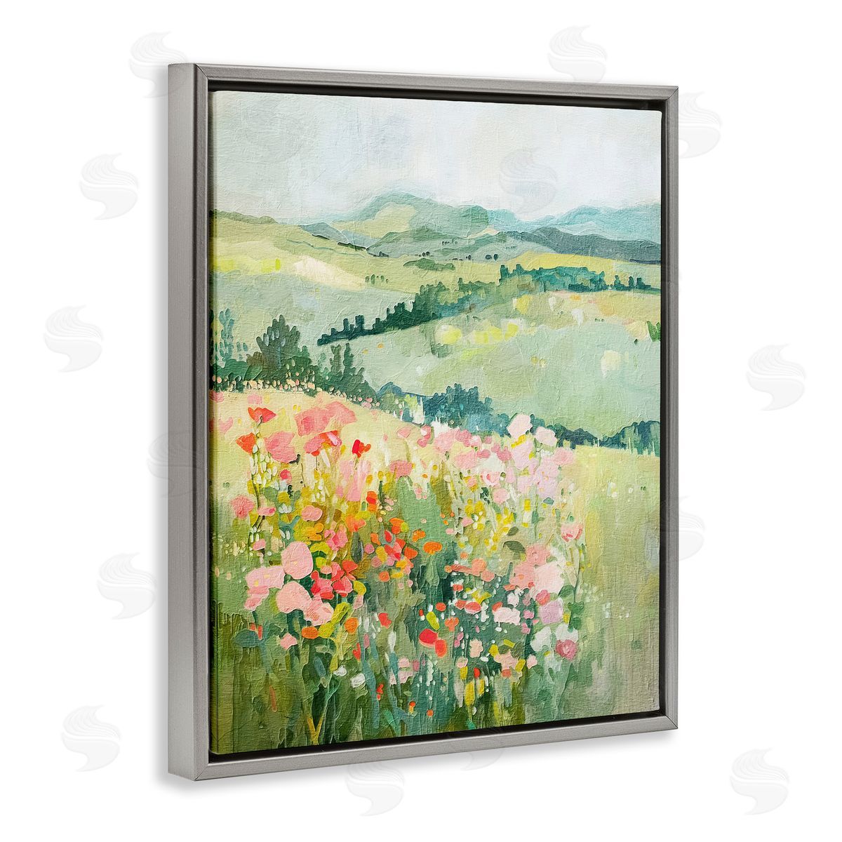 Soft Flowers Meadow Grey Floating Frame Canvas Wall Art, Home Decor by RileyB