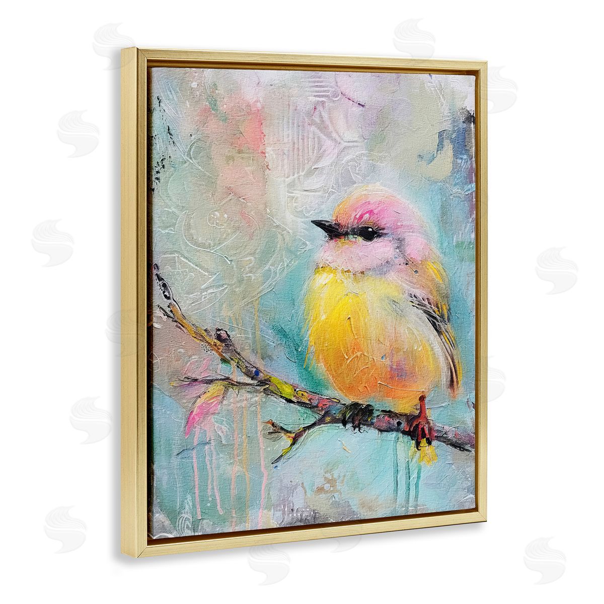 Soft Pastel Bird Gold Floating Frame Canvas Wall Art, Home Decor by RileyB