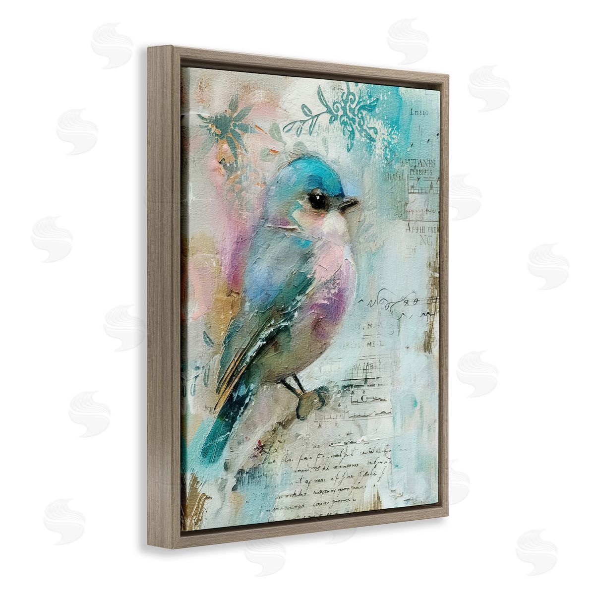 Vintage Soft Pastel Bird Brown Floating Frame Canvas Wall Art, Home Decor by RileyB