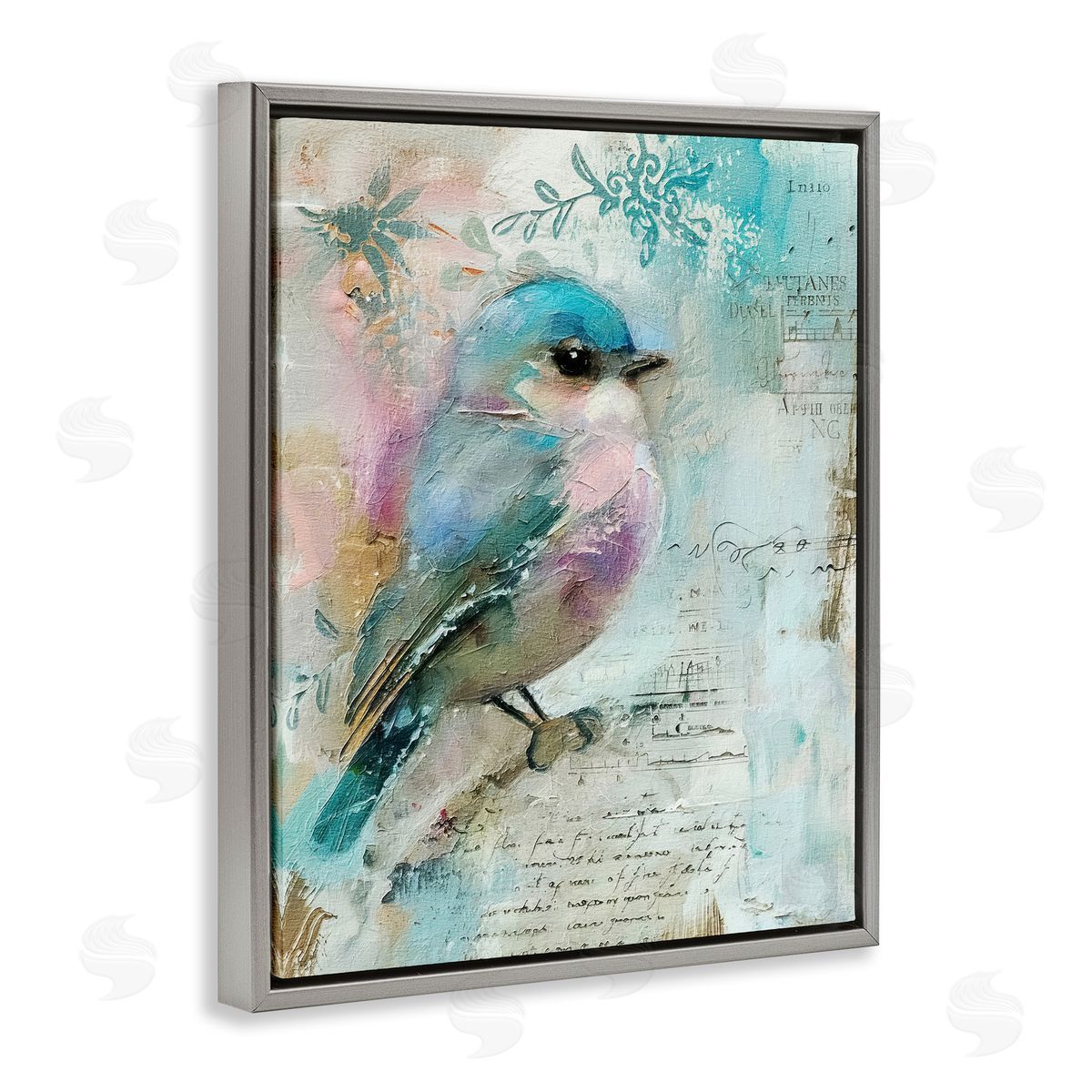 Vintage Soft Pastel Bird Grey Floating Frame Canvas Wall Art, Home Decor by RileyB