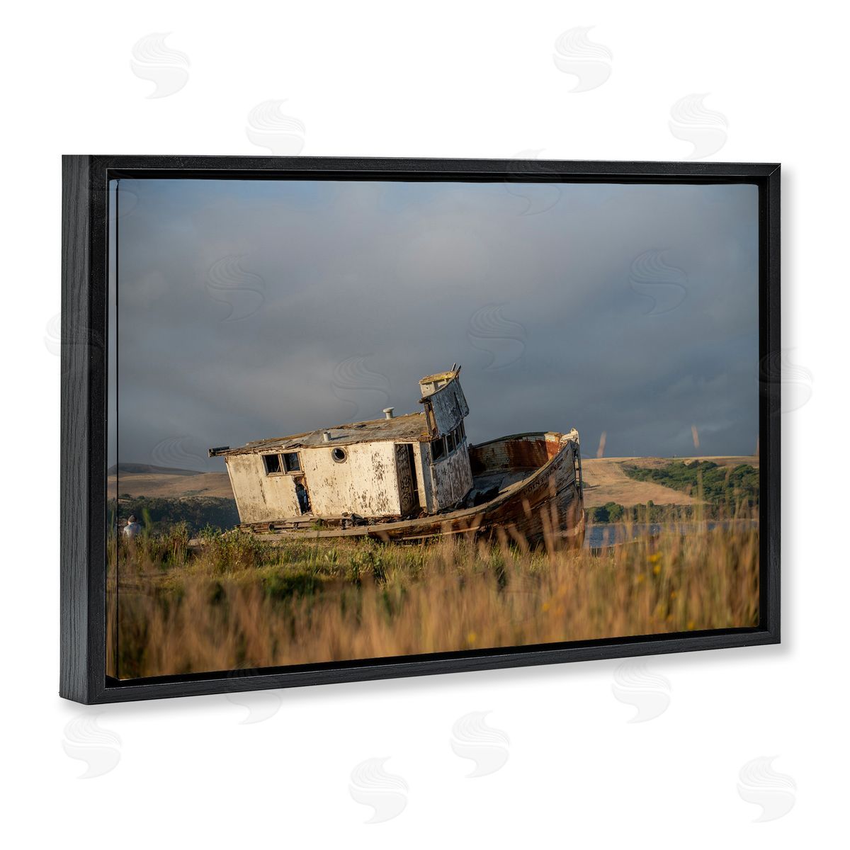 Old Shipwreck on Beach Black Floating Frame Canvas Wall Art, Home Decor by Crystal Lynn Collins