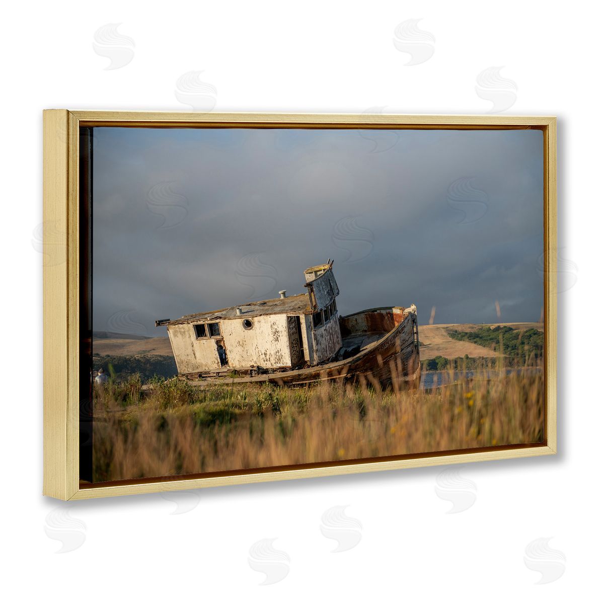 Old Shipwreck on Beach Gold Floating Frame Canvas Wall Art, Home Decor by Crystal Lynn Collins